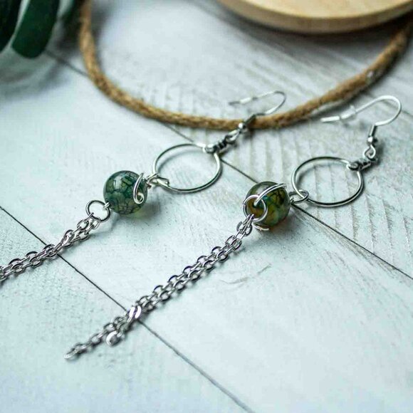 Emerald Green Agate Bead Dangle Earrings with Stainless Steel Chain - Picture 1 of 8